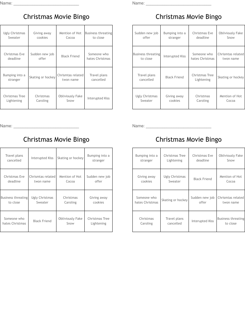 Christmas Movie Bingo