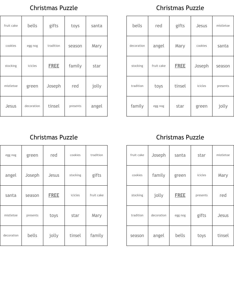 Christmas Puzzle Bingo Cards