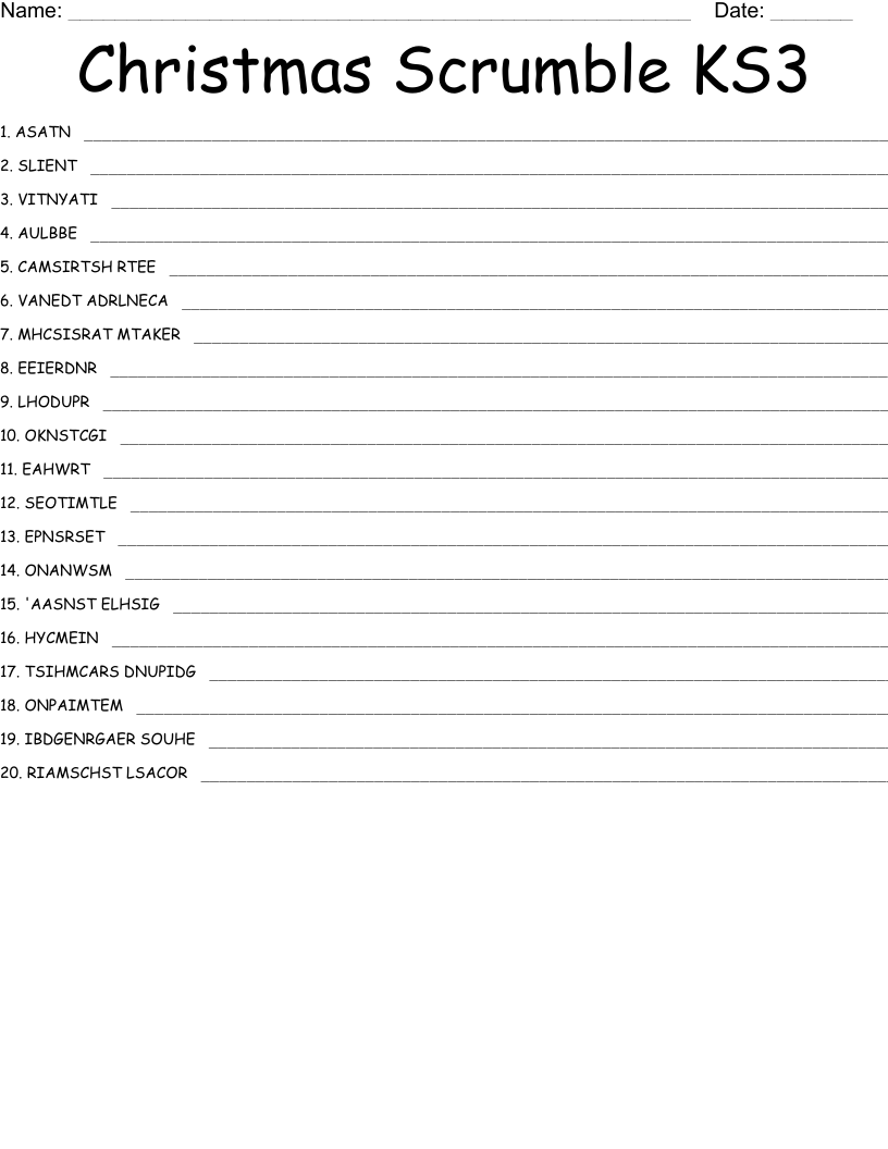 Christmas Scrumble KS3 Word Scramble