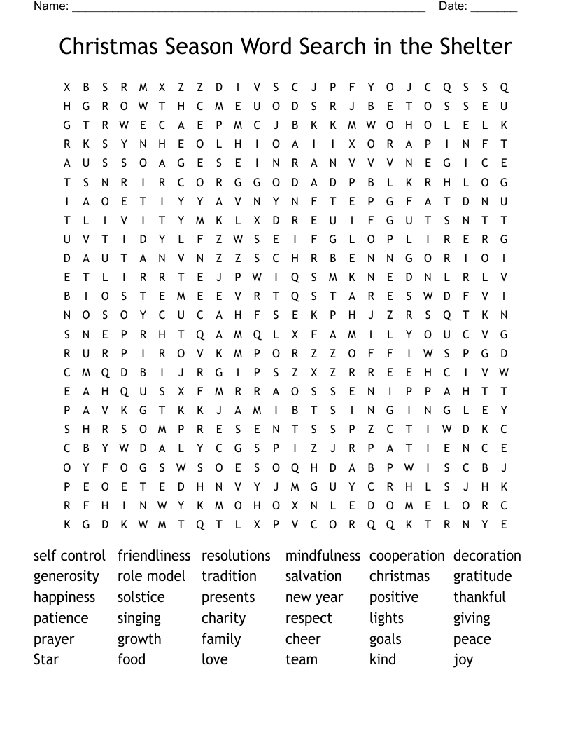 Christmas Season Word Search in the Shelter