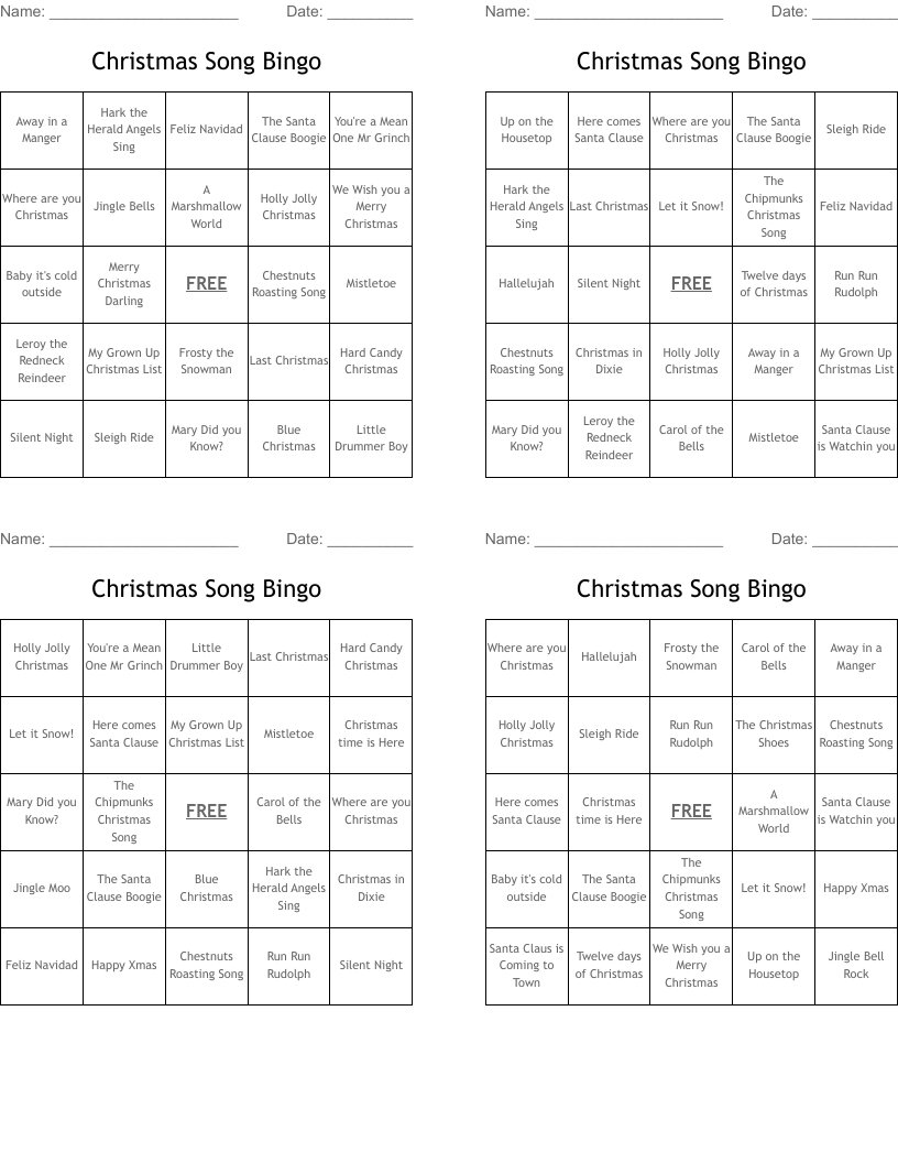 Christmas Song Bingo