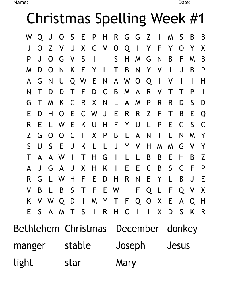 Christmas Spelling Week #1 Word Search