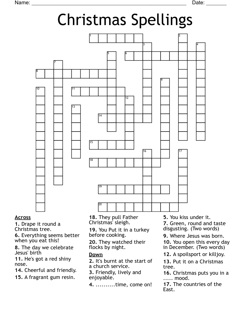 Christmas Spellings Crossword