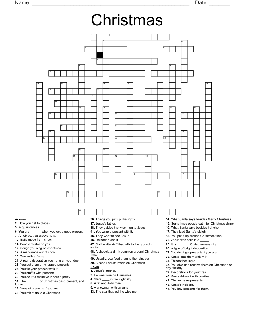 Christmas Crossword Puzzle Answer Key