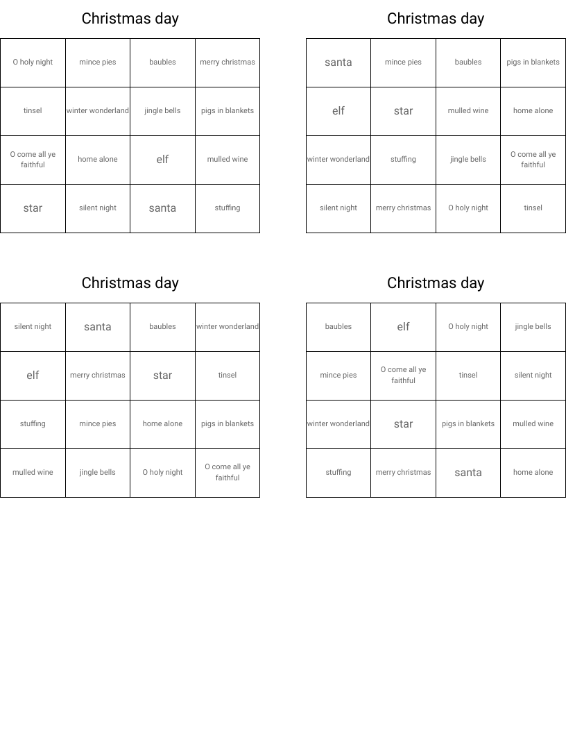 Christmas day Bingo Cards