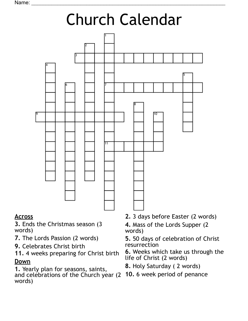 Church Calendar Crossword - WordMint