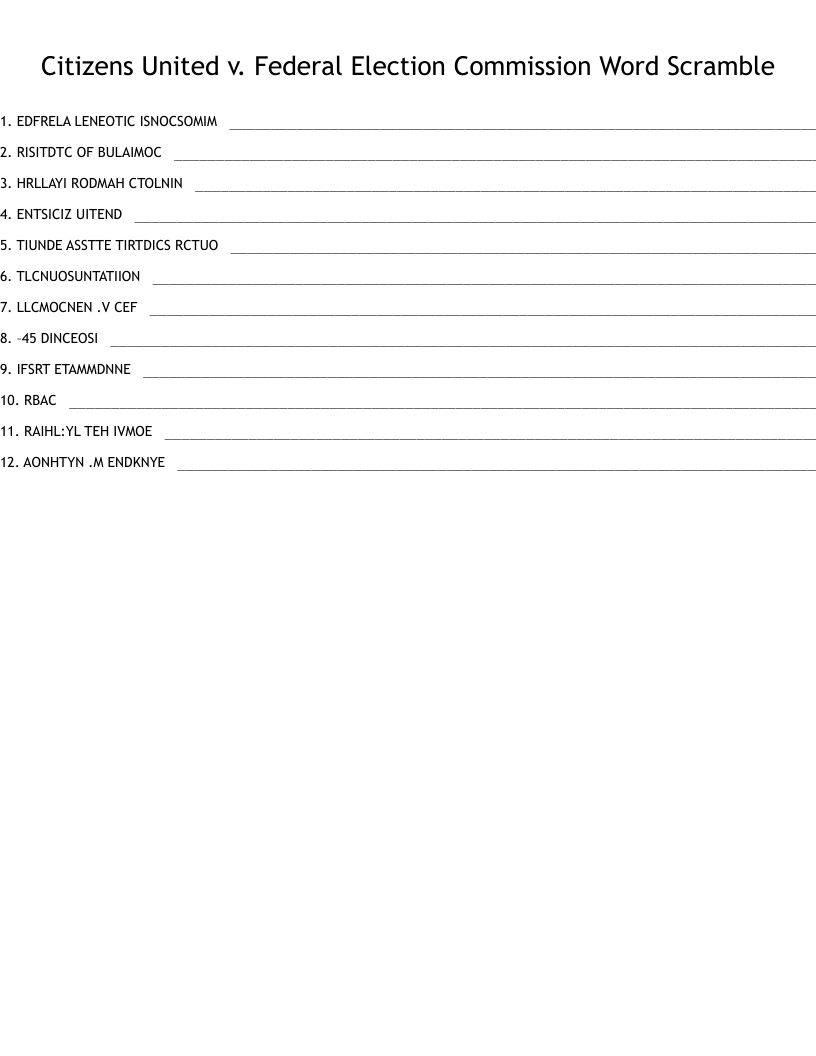 Citizens United v. Federal Election Commission Word Scramble