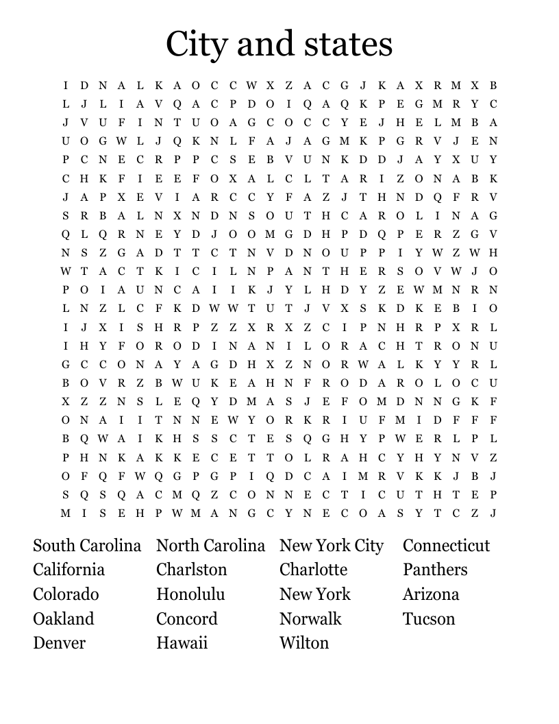 City and states  Word Search