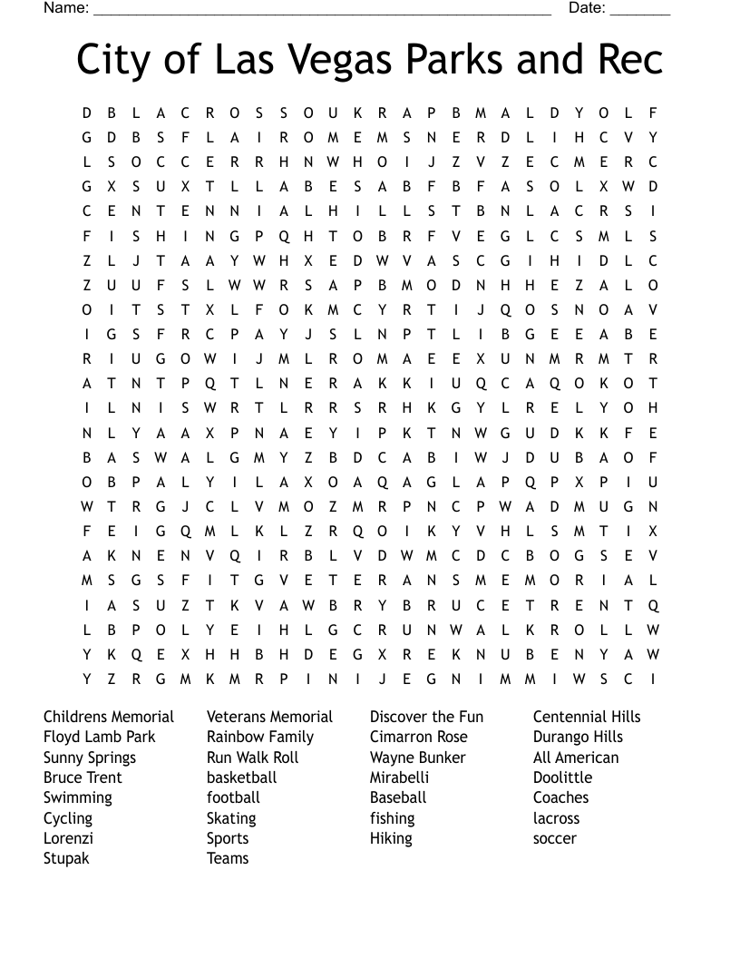 City of Las Vegas Parks and Rec Word Search WordMint