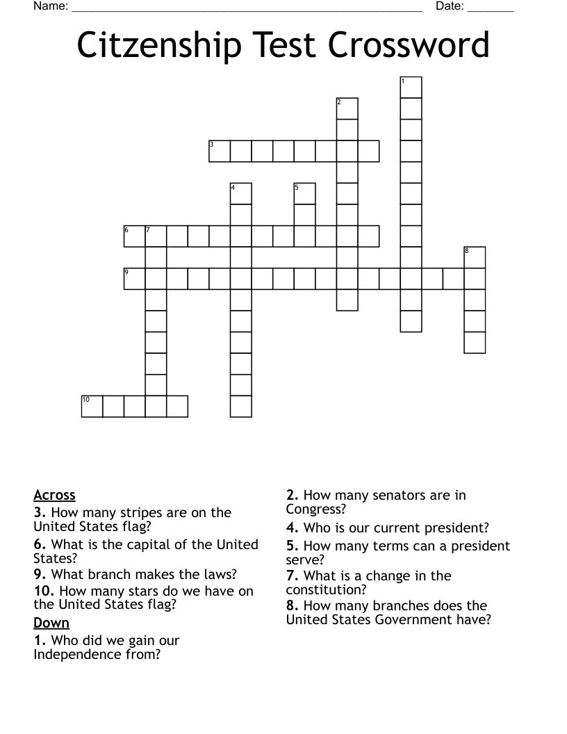 Citzenship Test Crossword