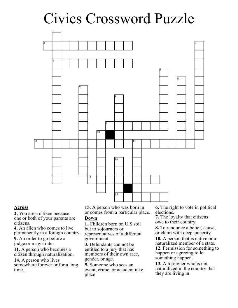 Civics Summer Work Crossword WordMint