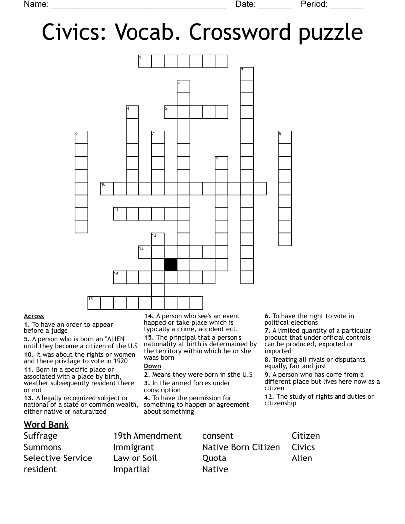 Civics Vocab Crossword Puzzle WordMint