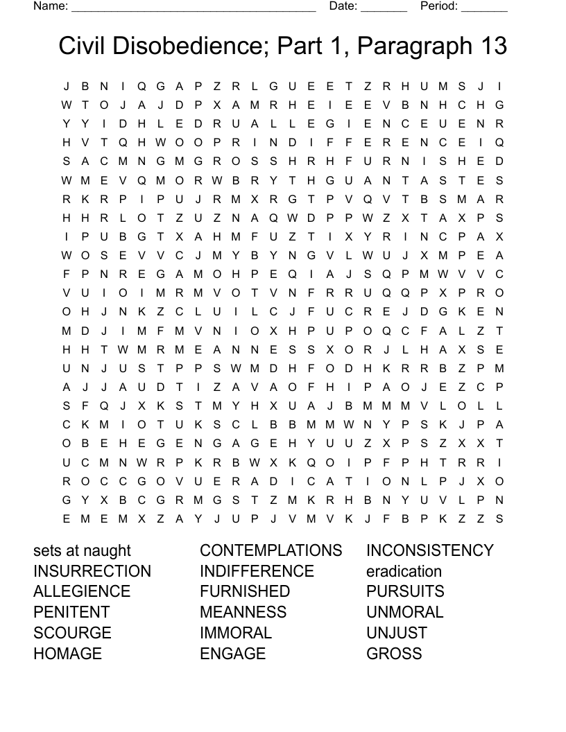 Civil Disobedience; Part 1, Paragraph 13 Word Search