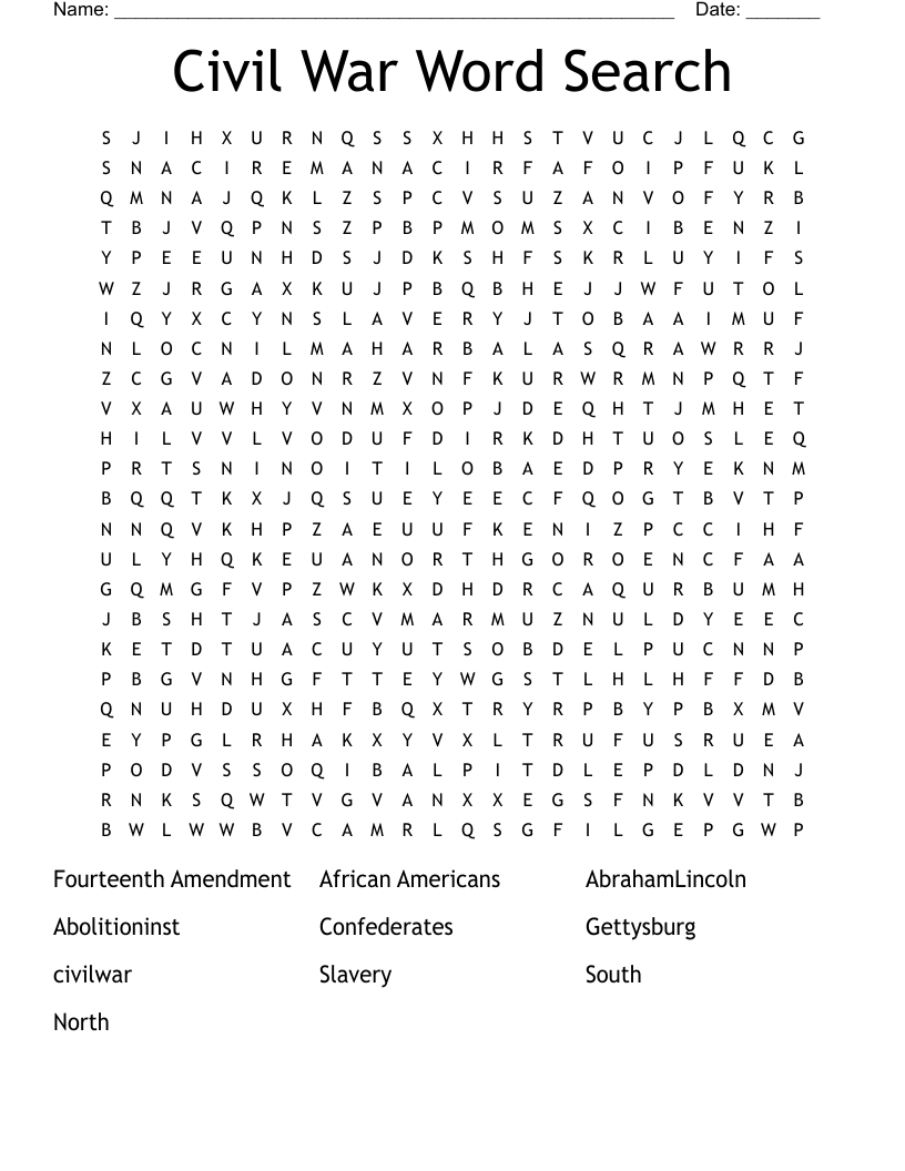 Civil War Word Search - WordMint