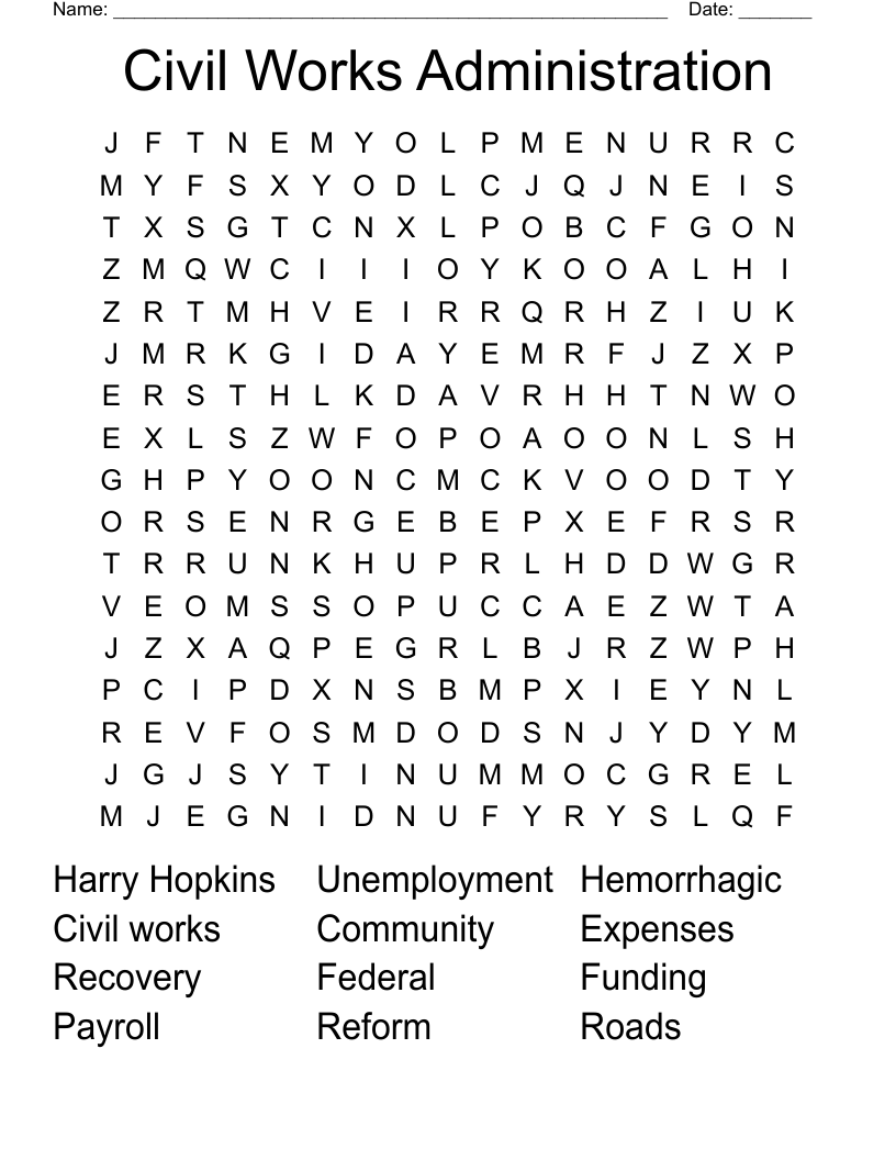 Civil Works Administration Word Search