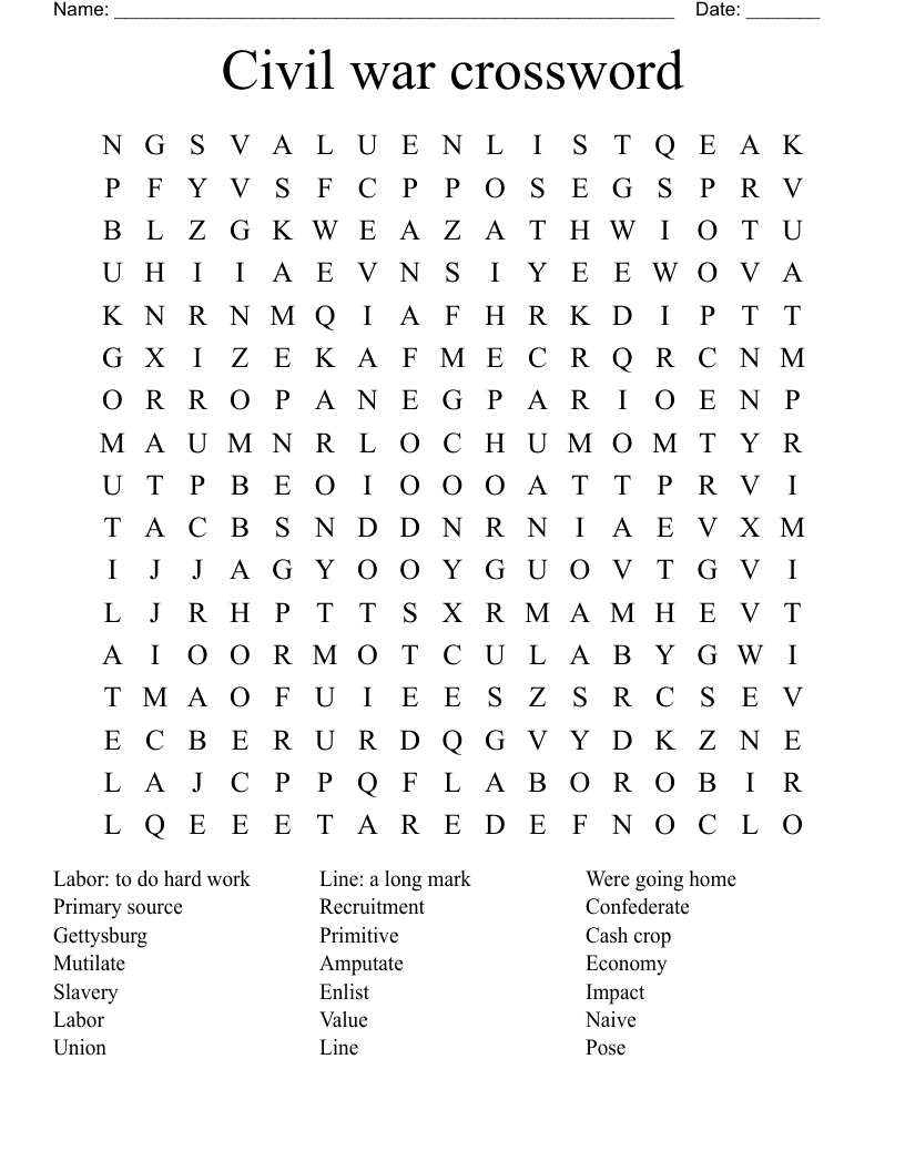 Civil war crossword Word Search