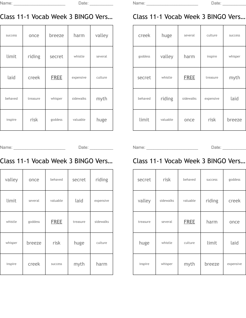 Class 11-1 Vocab Week 3 BINGO Version A 