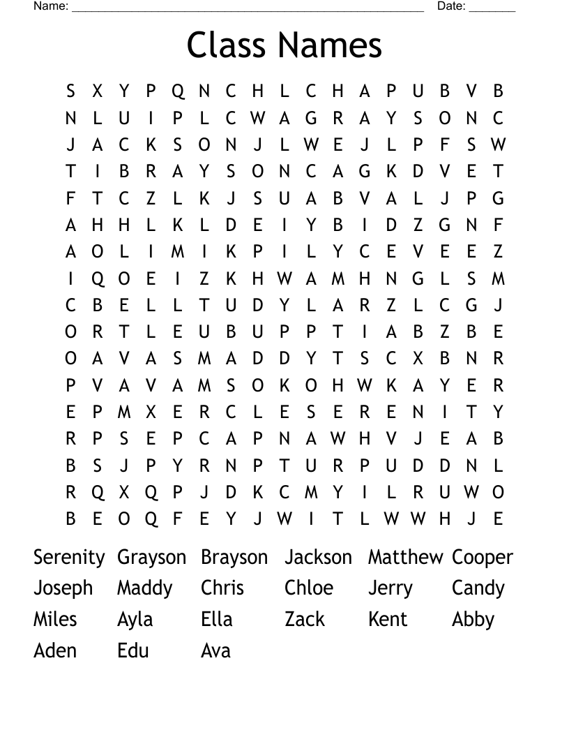 Class Names Word Search WordMint