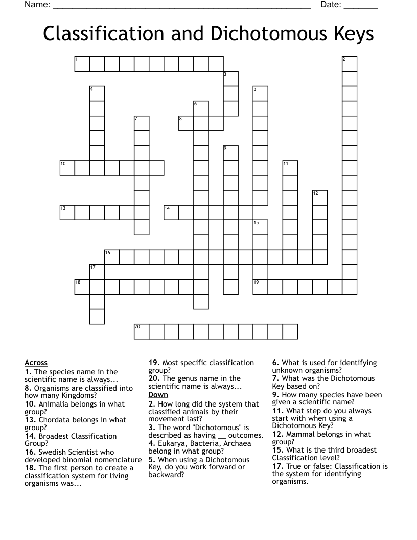 Classification and Dichotomous Keys Crossword - WordMint In Dichotomous Key Worksheet Pdf