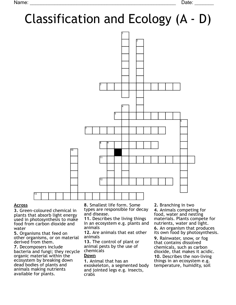 Classification and Ecology (A - D) Crossword