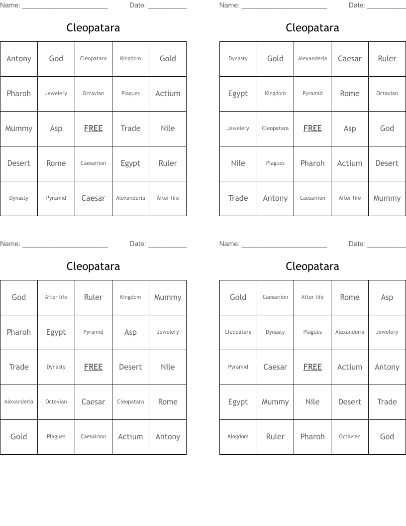 Cleopatara Bingo Cards