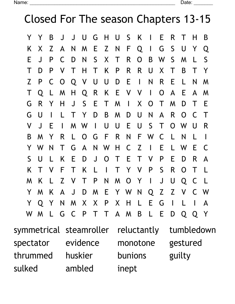 Closed For The season Chapters 13-15 Word Search