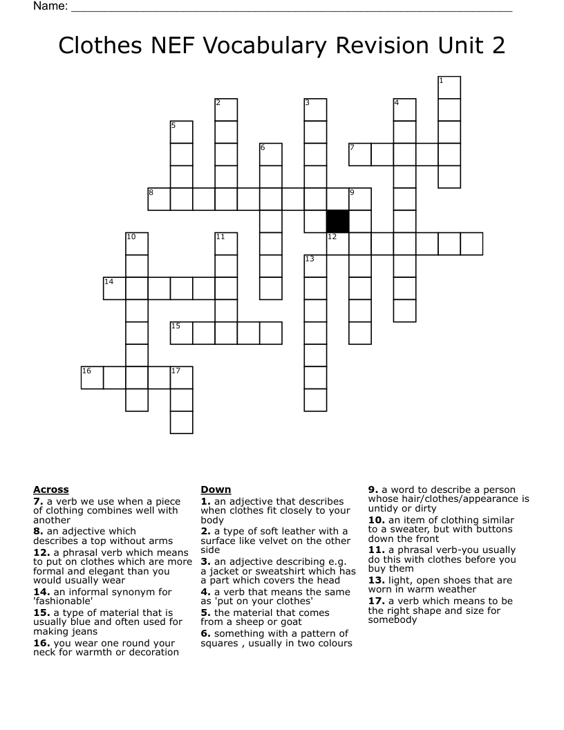 Clothes NEF Vocabulary Revision Unit 2 Crossword