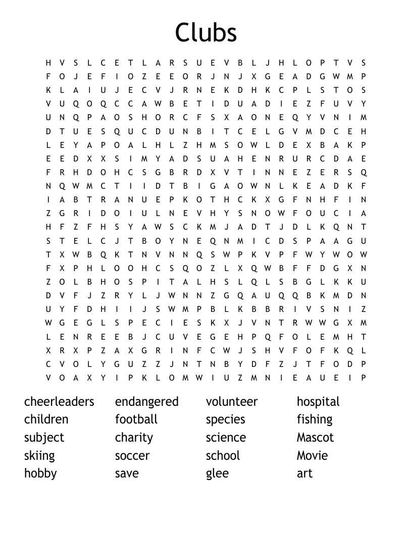 Clubs Word Search