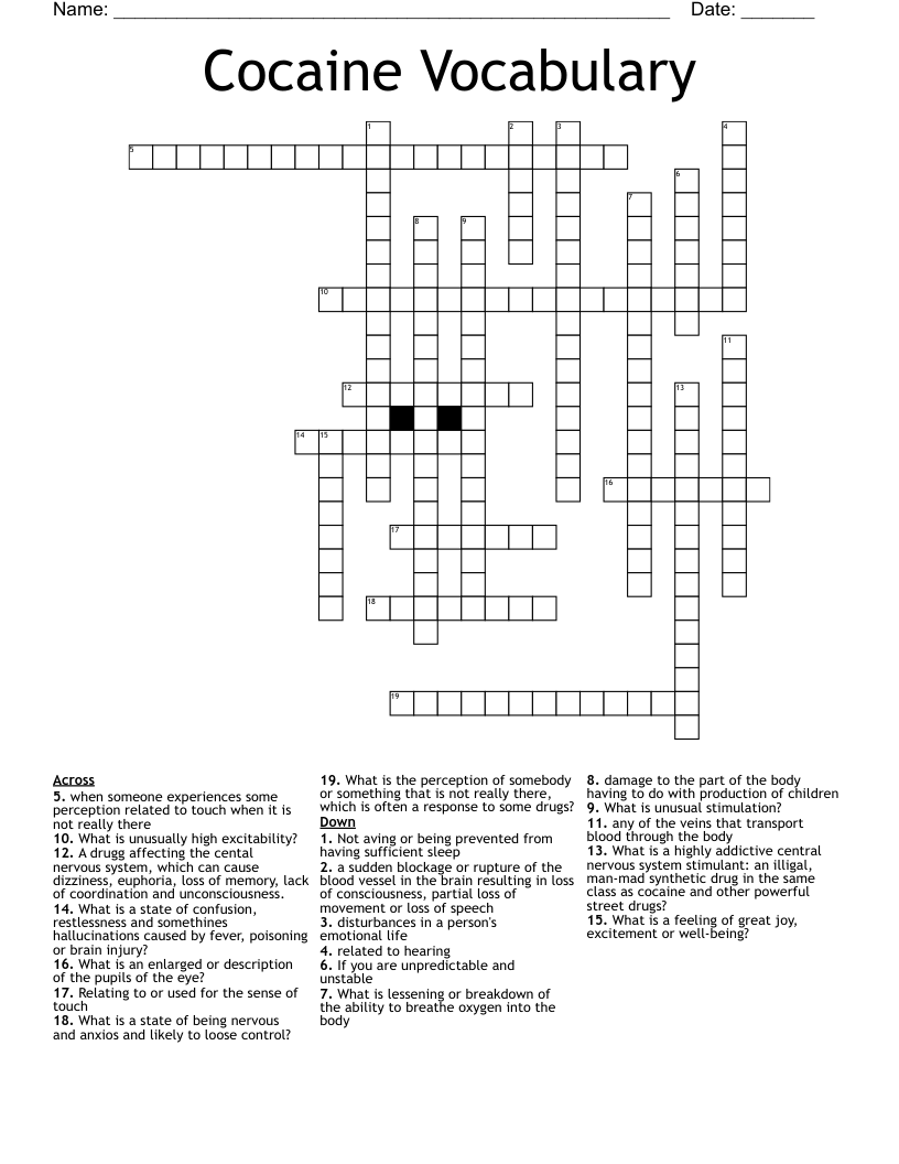 Cocaine Vocabulary Crossword