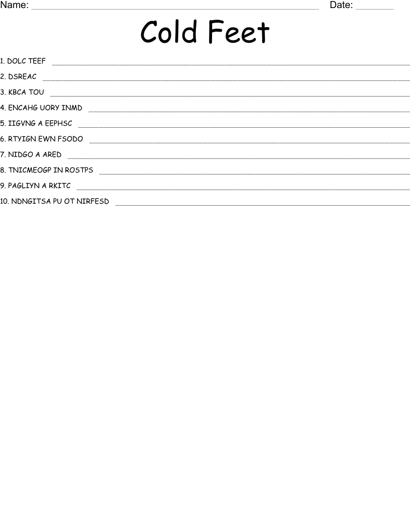 Cold Feet Word Scramble WordMint