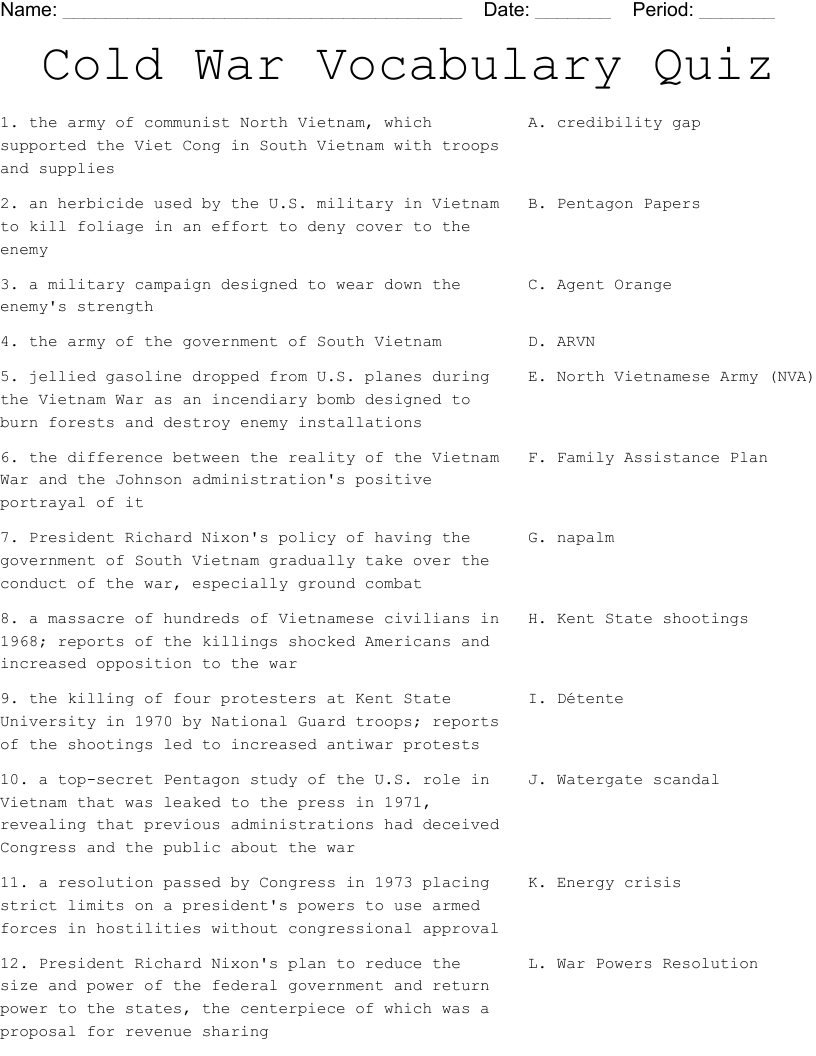 Cold War Vocabulary Quiz Worksheet - WordMint