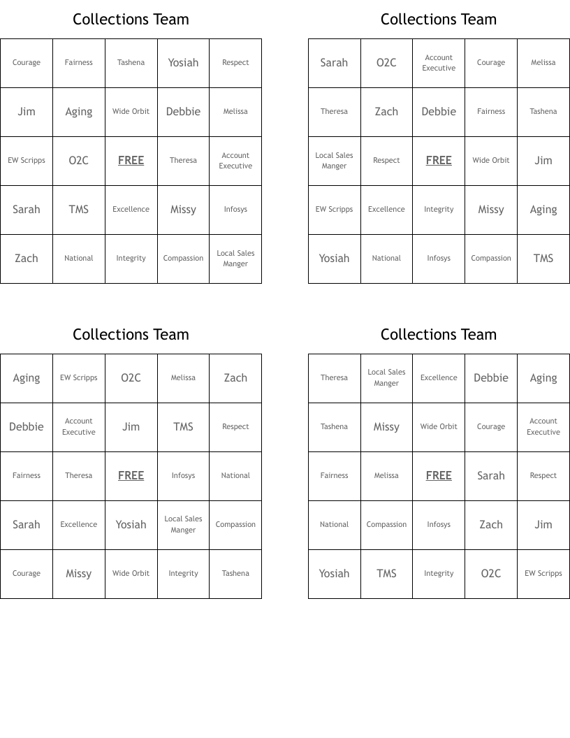 Collections Team  Bingo Cards