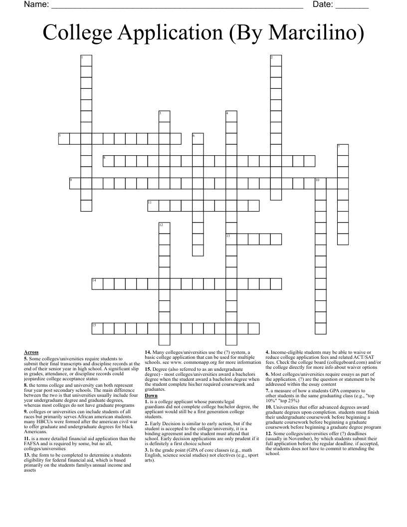 College Application By Marcilino Crossword WordMint