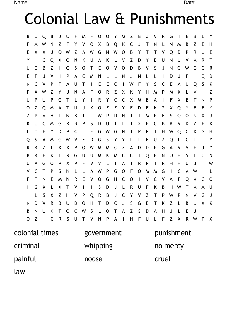 Colonial Law & Punishments Word Search