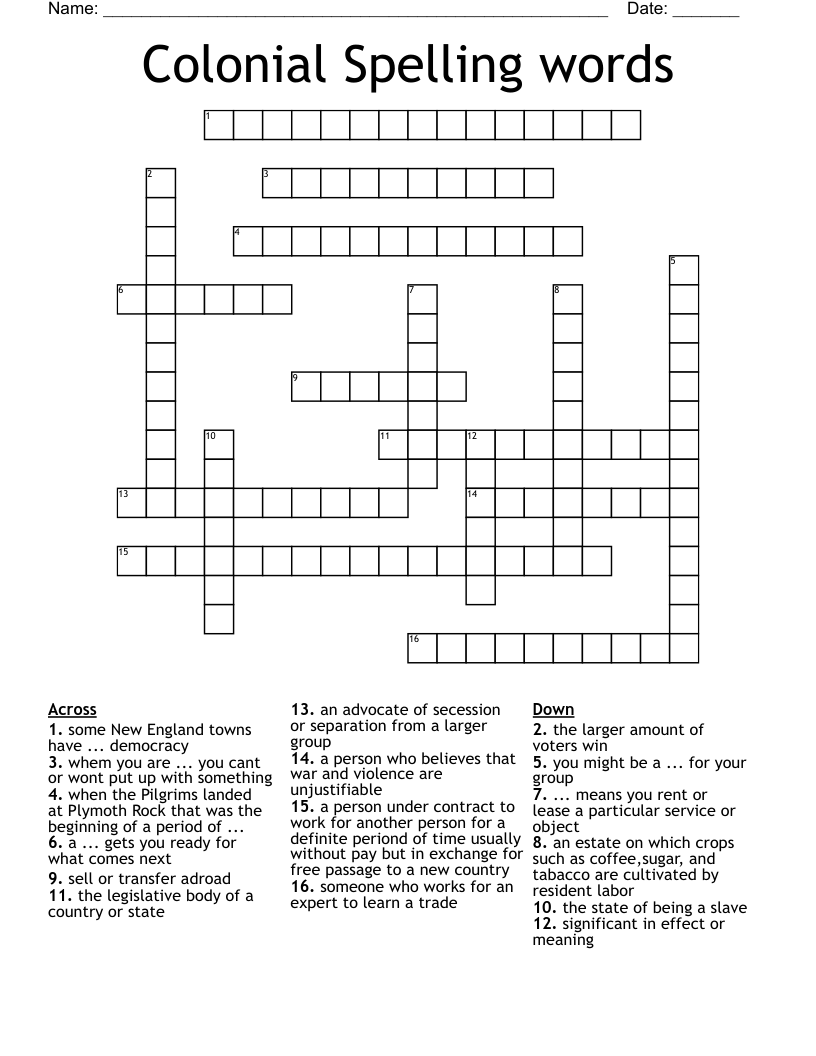 Colonial Spelling words Crossword