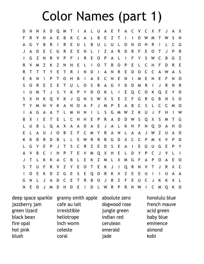 Color Names part 1 Word Search WordMint