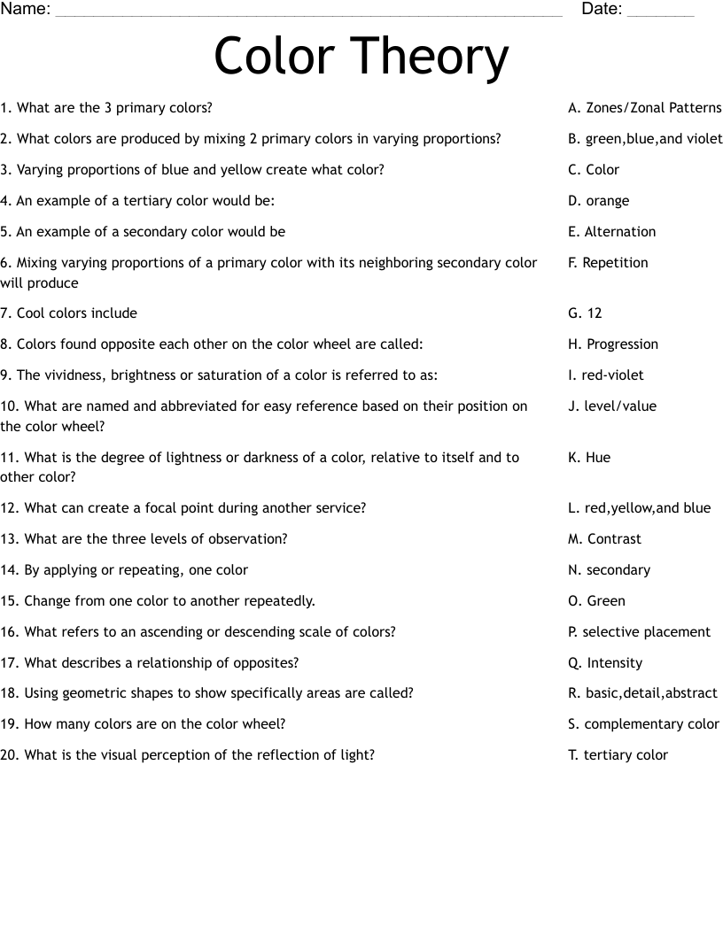Color Theory Worksheet Answers