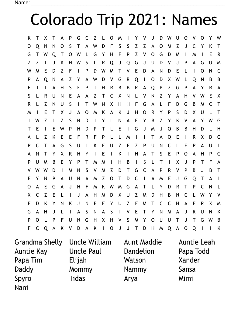 Colorado Trip 2021: Names Word Search
