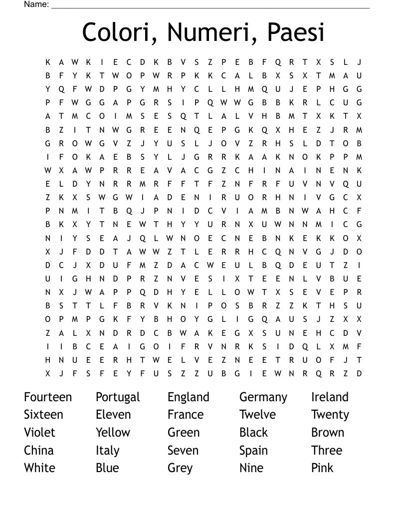 Colori, Numeri, Paesi Word Search