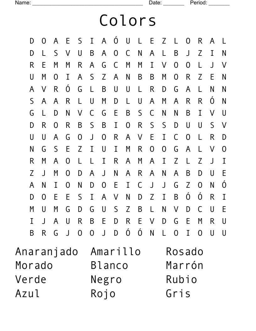 Spanish Colors Word Search WordMint