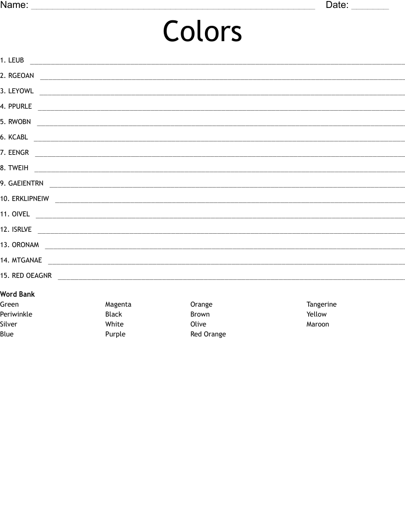 Colors Word Scramble