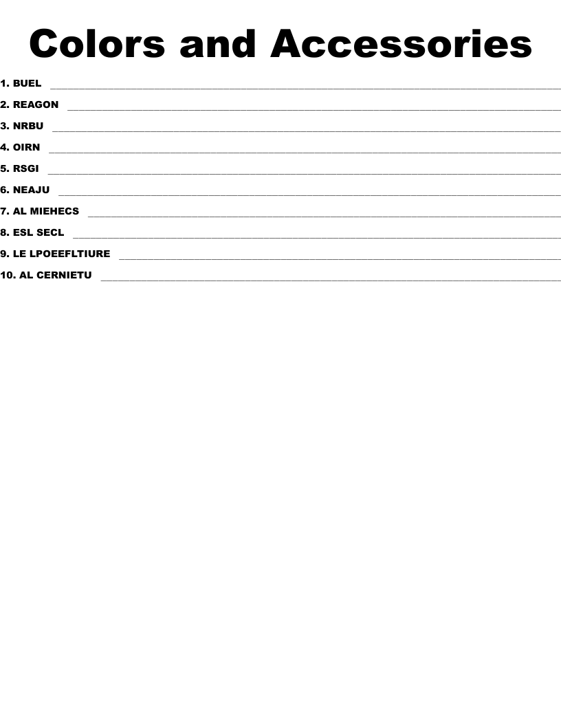 Colors and Accessories Word Scramble