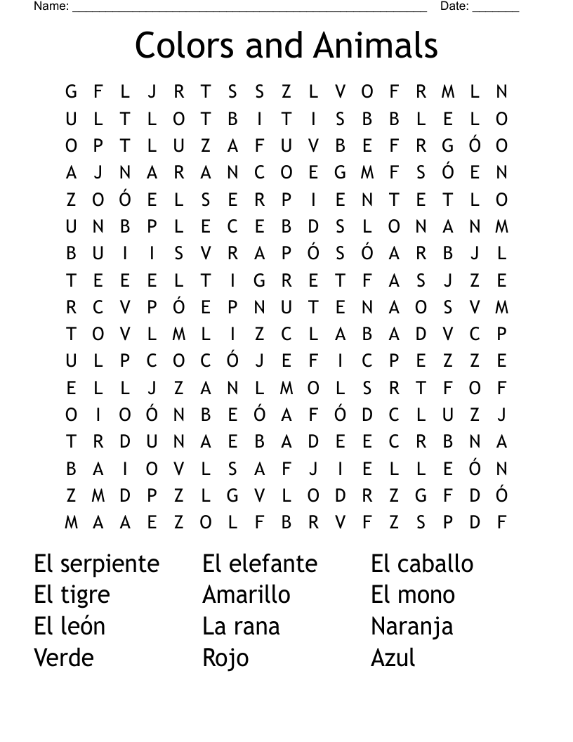 Colors and Animals Word Search