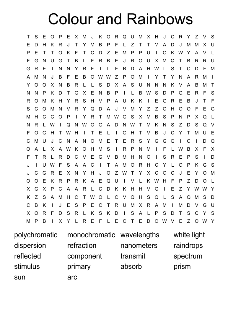 Colour and Rainbows Word Search
