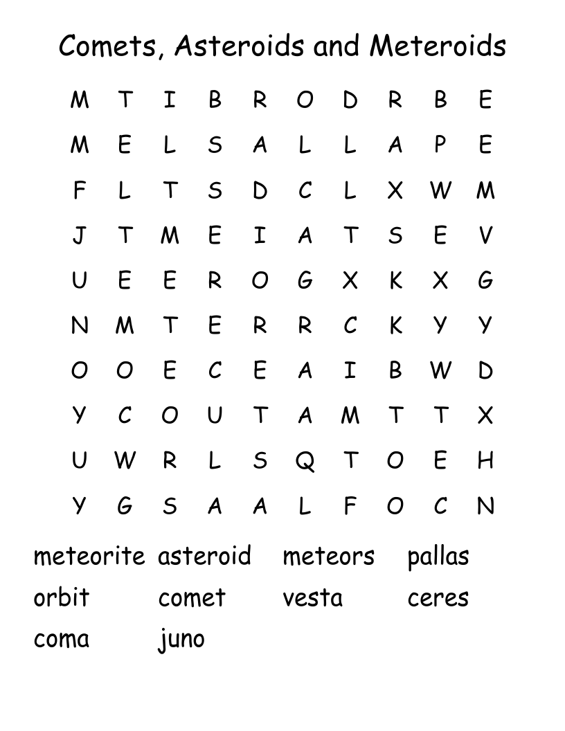 Comets Asteroids And Meteroids Word Search WordMint
