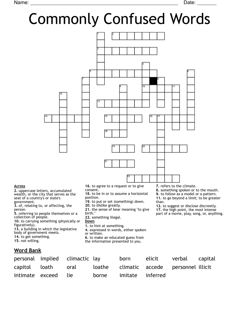 Commonly Confused Words Crossword