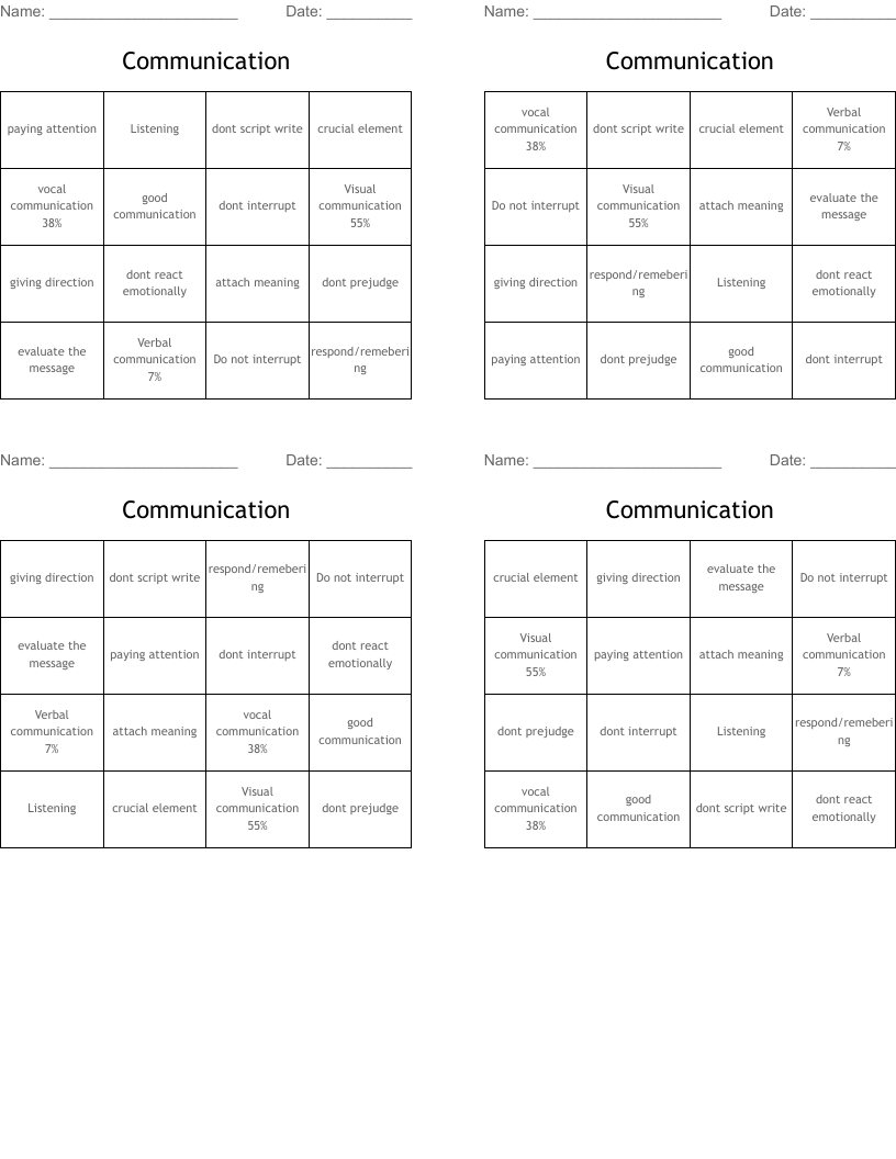 Communication Bingo Cards