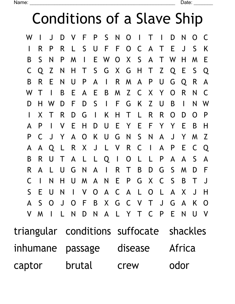 Conditions of a Slave Ship Word Search