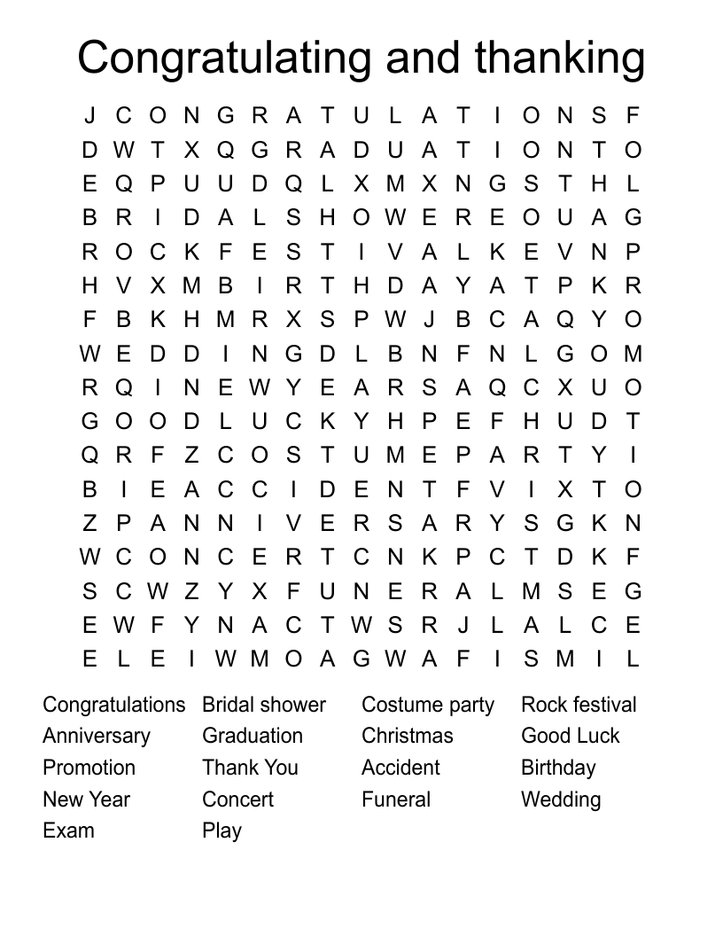 Congratulating and thanking Word Search