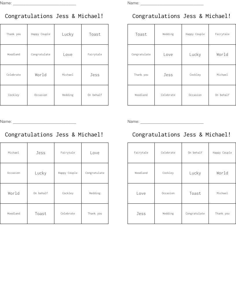 Congratulations Jess & Michael! Bingo Cards